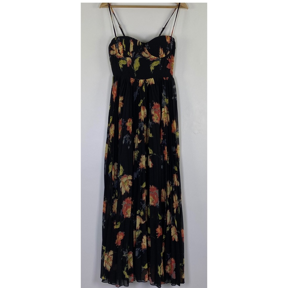 Petal & Pup Achanti Pleated Maxi Dress XS Black Chiffon Pleated Sweetheart Flowy